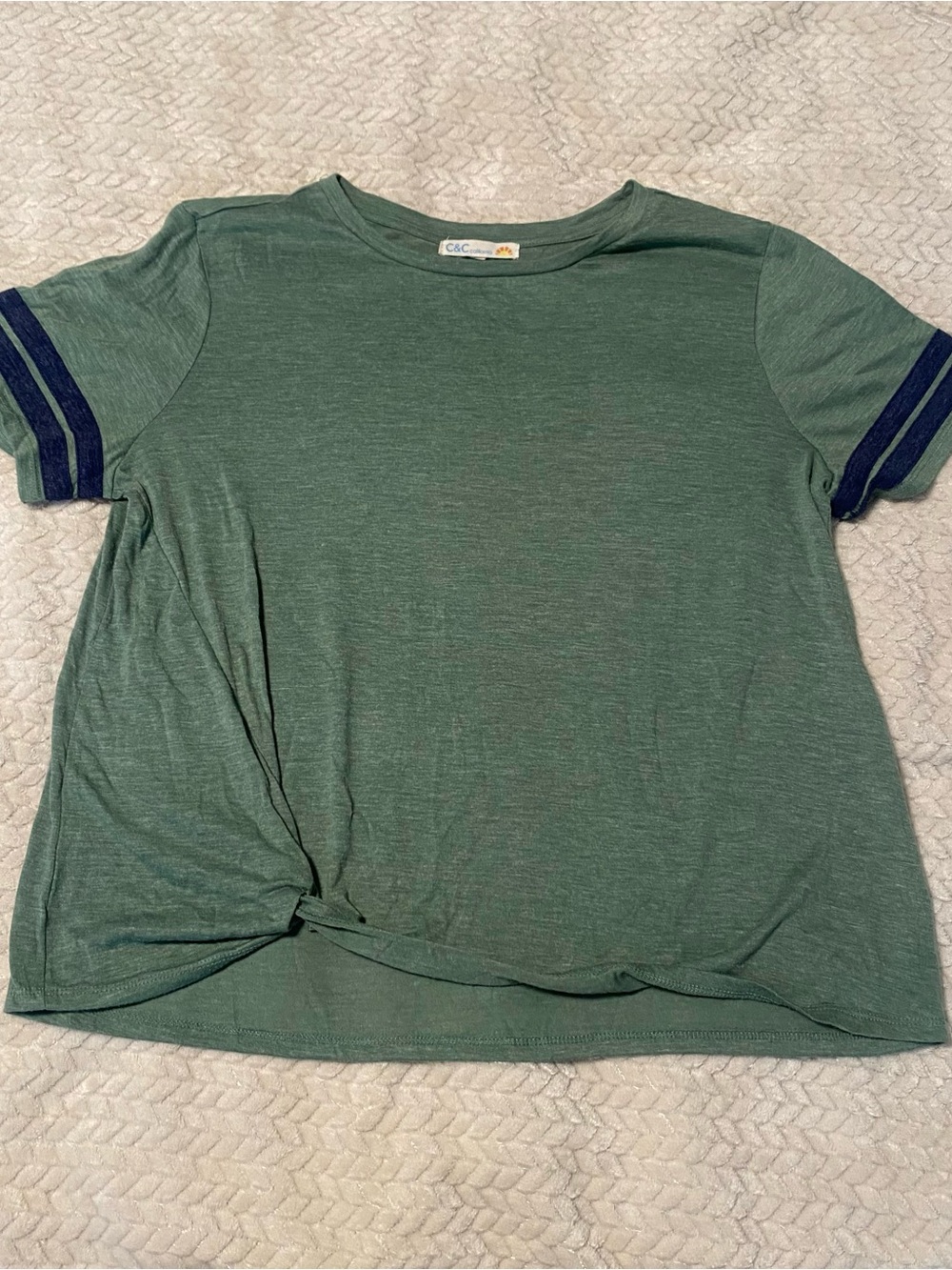 C&C California Heather Green Short Sleeve Tee with Navy Sleeve Stripes